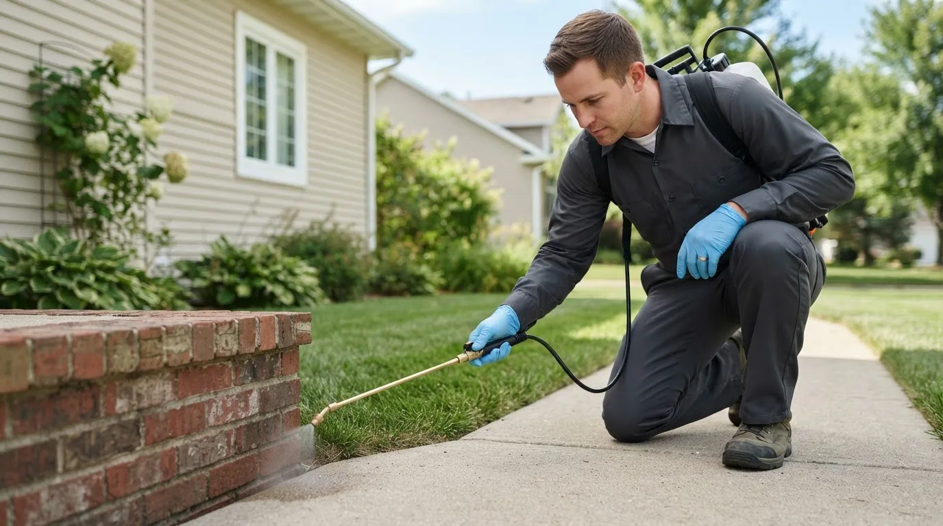 Pest control technician treating a home near Montfort, WI