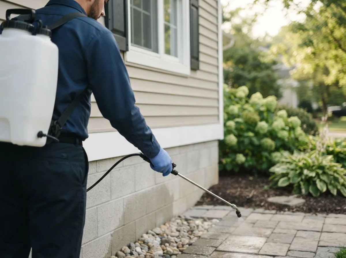 Pest control technician inspecting a home in Montfort, WI